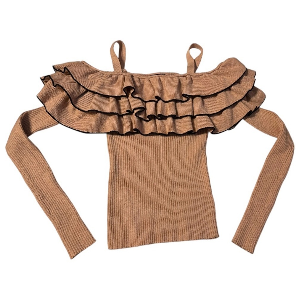 Off shoulder three tier ruffle chest long sleeve ribbed sweater shoulder straps. - Picture 1 of 7